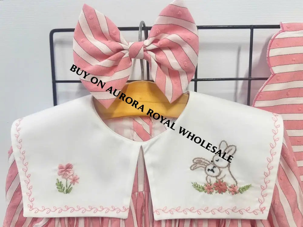 NEW🤩PACK OF 4 SIZES VIVI CORAL🪸STRIPED HAND EMBROIDERED🧵🪡BABY ROMPER BIB & HAIR ACCESSORIES🎀 BABY/TODDLER OUTFIT