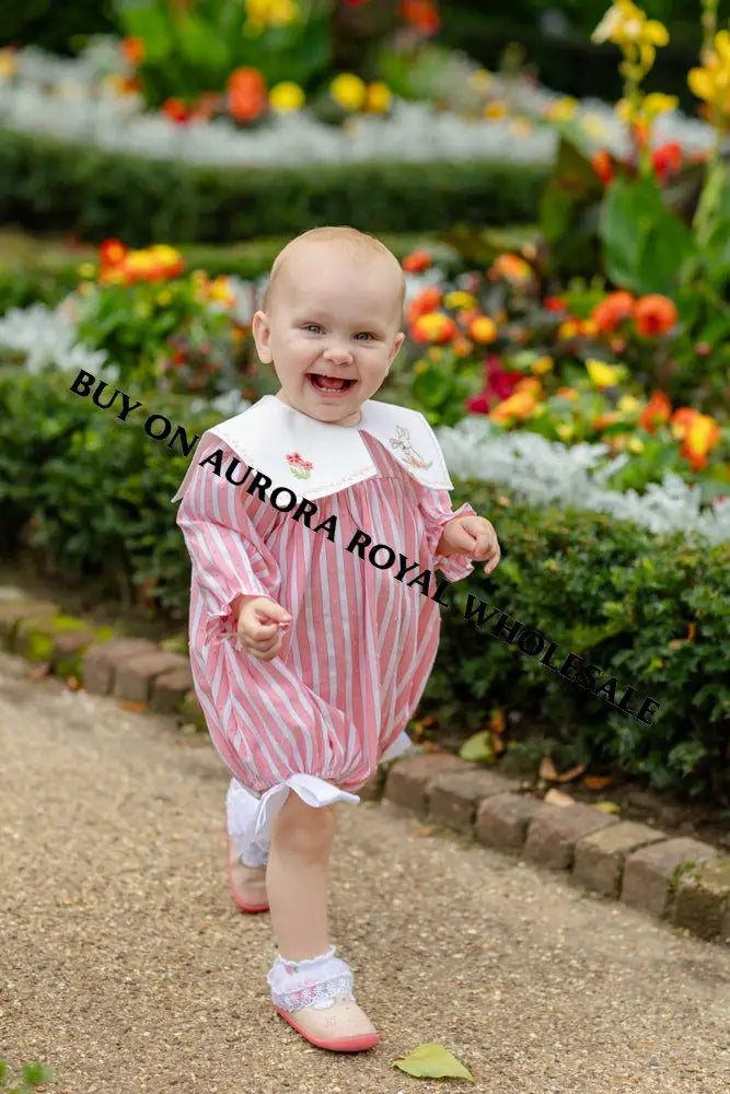 NEW🤩PACK OF 4 SIZES VIVI CORAL🪸STRIPED HAND-EMBROIDERED🧵🪡BABY ROMPER BIB & HAIR ACCESSORIES🎀 BABY/TODDLER OUTFIT