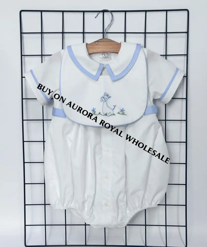 NEW🤩PACK OF 5 SIZES BAMBINO WHITE HAND EMBROIDERED🧵🪡BABY BOYS ROMPER & BIB🦒 BABY/TODDLER OUTFIT