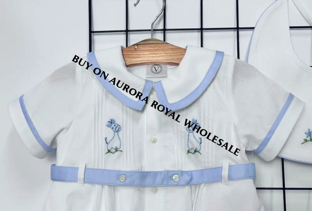 NEW🤩PACK OF 5 SIZES BAMBINO WHITE HAND EMBROIDERED🧵🪡BABY BOYS ROMPER & BIB🦒 BABY/TODDLER OUTFIT