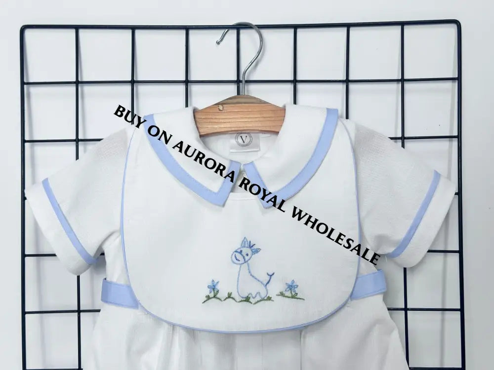 NEW🤩PACK OF 5 SIZES BAMBINO WHITE HAND EMBROIDERED🧵🪡BABY BOYS ROMPER & BIB🦒 BABY/TODDLER OUTFIT