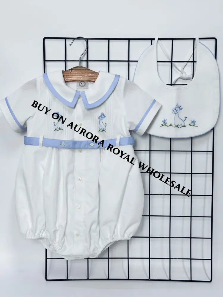 NEW🤩PACK OF 5 SIZES BAMBINO WHITE HAND EMBROIDERED🧵🪡BABY BOYS ROMPER & BIB🦒 BABY/TODDLER OUTFIT