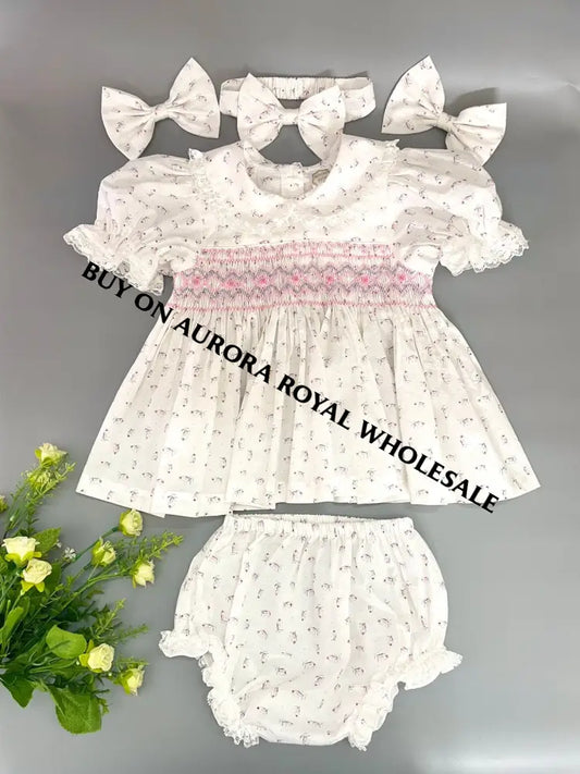 New Pack Of 5 Sizes ’Mona’ Ivory Floral Hand - Smocked Dress Panties & Hair Accessories Baby -