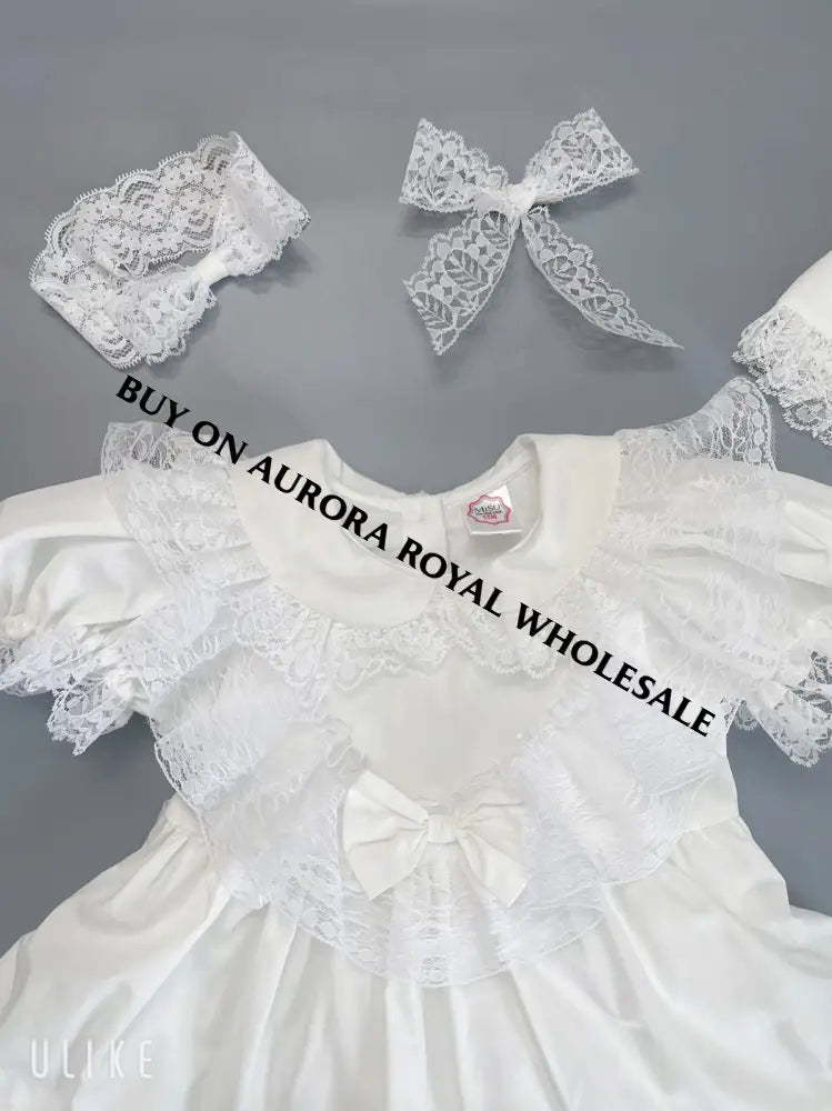 Pack Of 5 Sizes ’Polly’ White Lace Dress Bonnet Bloomers & Hair Bow Outfit Baby - Toddler