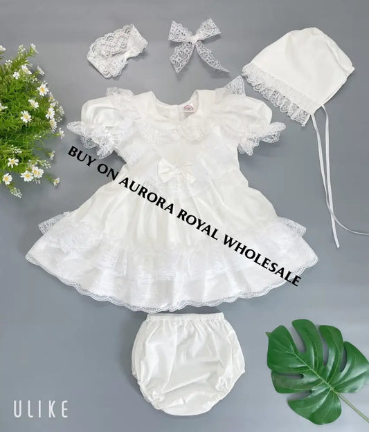 Pack Of 5 Sizes ’Polly’ White Lace Dress Bonnet Bloomers & Hair Bow Outfit Baby - Toddler
