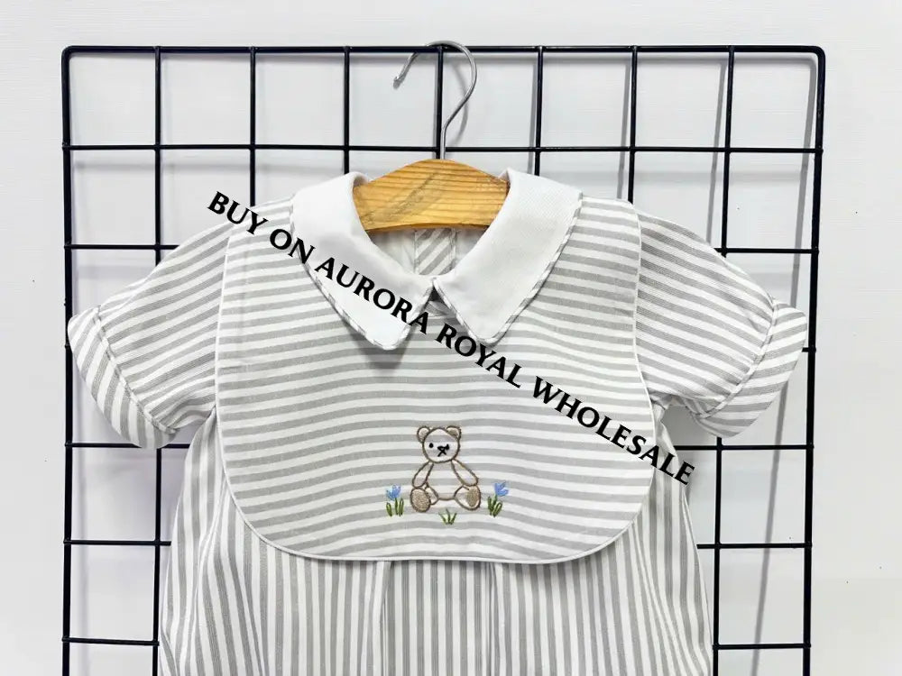 NEW🤩PACK OF 5 SIZES TEDDY SILVER/GREY🩶STRIPED HAND EMBROIDERED🧵🪡BABY BOYS ROMPER & BIB🧸 BABY/TODDLER OUTFIT