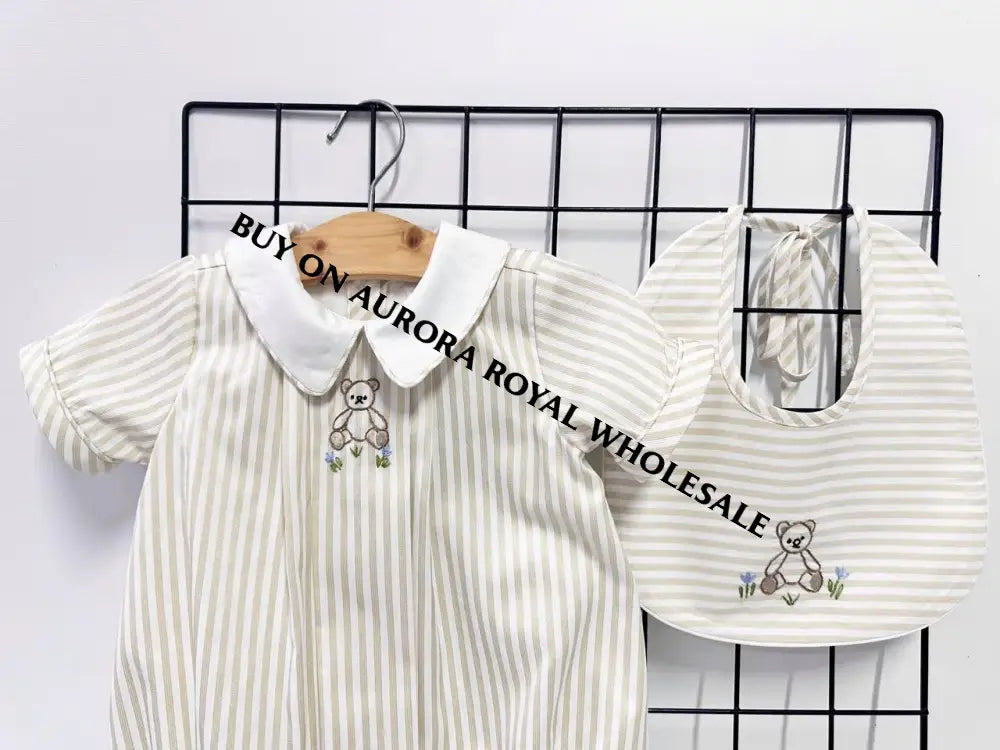 NEW🤩PACK OF 5 SIZES TEDDY SILVER/GREY🩶STRIPED HAND EMBROIDERED🧵🪡BABY BOYS ROMPER & BIB🧸 BABY/TODDLER OUTFIT
