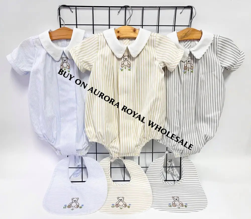 NEW🤩PACK OF 5 SIZES TEDDY SILVER/GREY🩶STRIPED HAND EMBROIDERED🧵🪡BABY BOYS ROMPER & BIB🧸 BABY/TODDLER OUTFIT