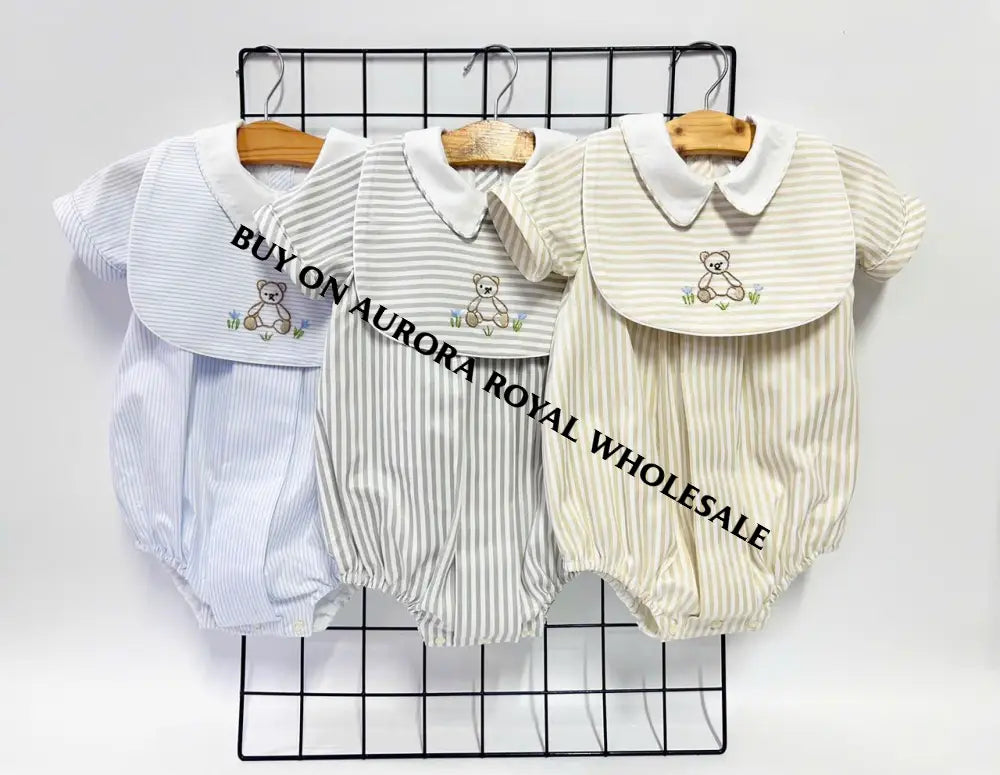 NEW🤩PACK OF 5 SIZES TEDDY SILVER/GREY🩶STRIPED HAND EMBROIDERED🧵🪡BABY BOYS ROMPER & BIB🧸 BABY/TODDLER OUTFIT