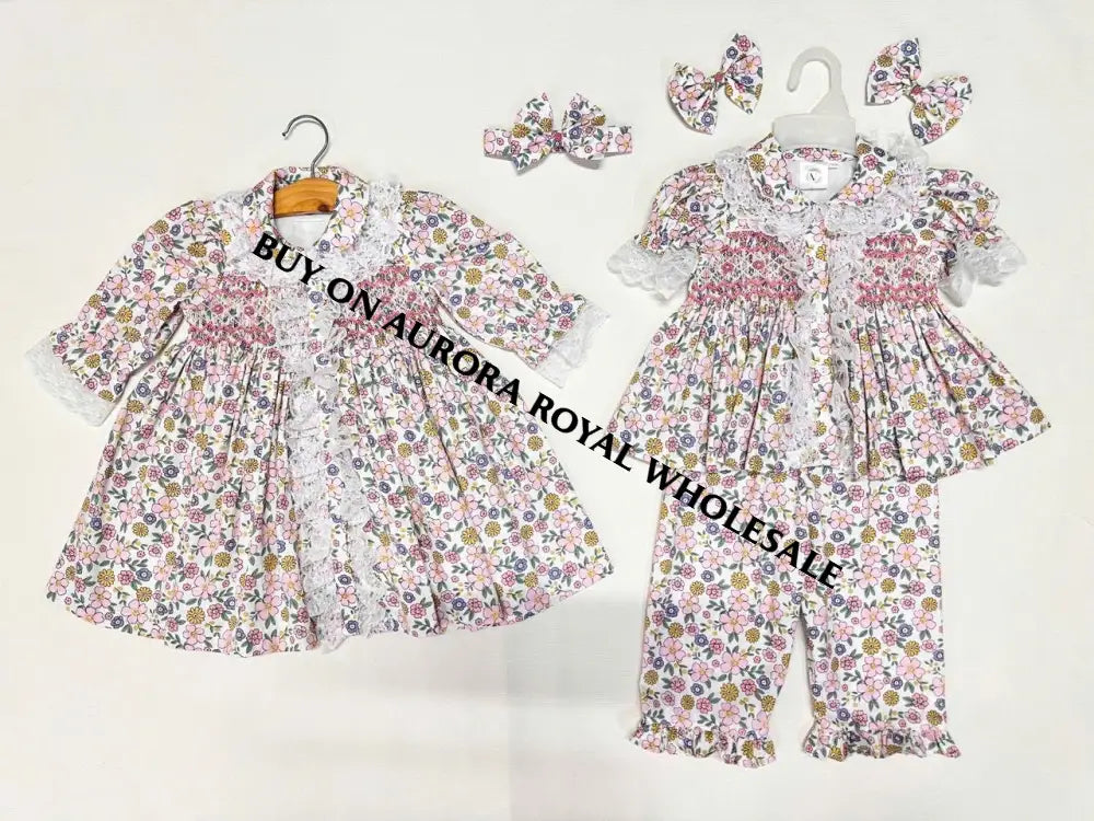 NEW🤩PACK OF 6 SIZES SUNNY PINK FLORAL🌸HAND-SMOCKED🧵🪡PYJAMA GOWN & HAIR BOWS🎀 BABY/TODDLER OUTFIT