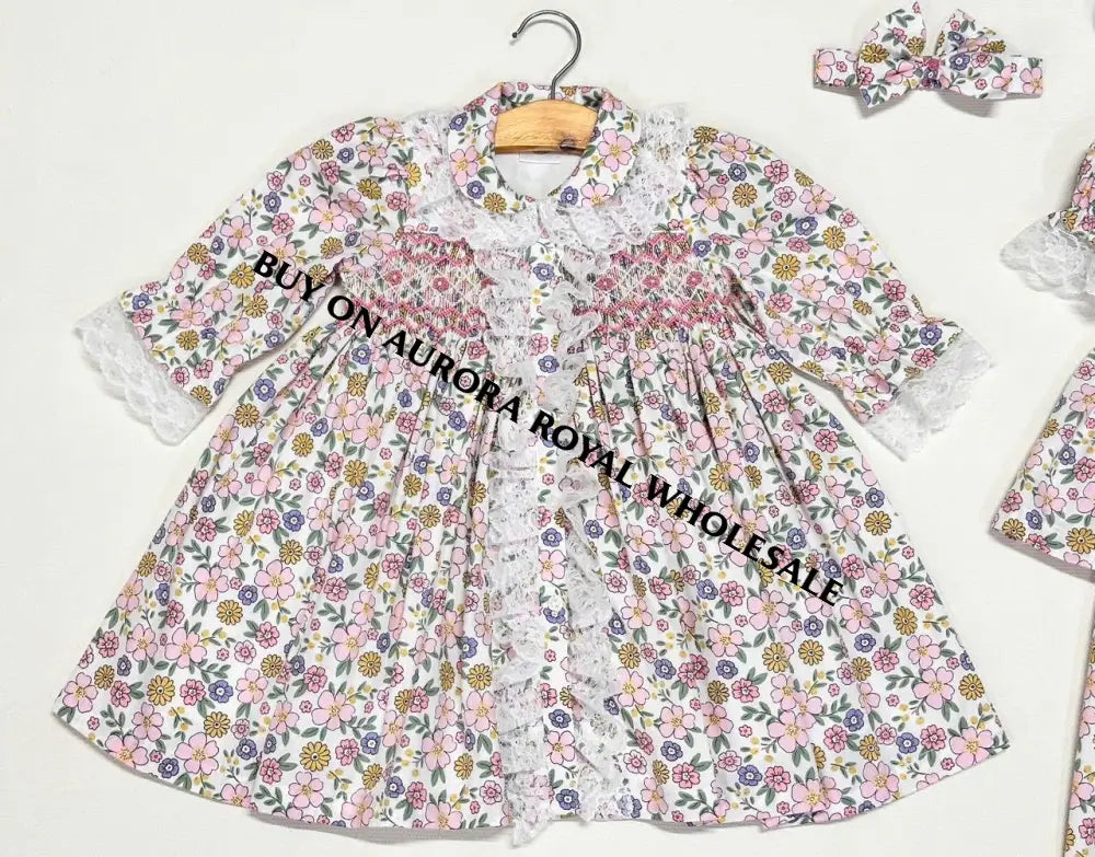 NEW🤩PACK OF 6 SIZES SUNNY PINK FLORAL🌸HAND-SMOCKED🧵🪡PYJAMA GOWN & HAIR BOWS🎀 BABY/TODDLER OUTFIT