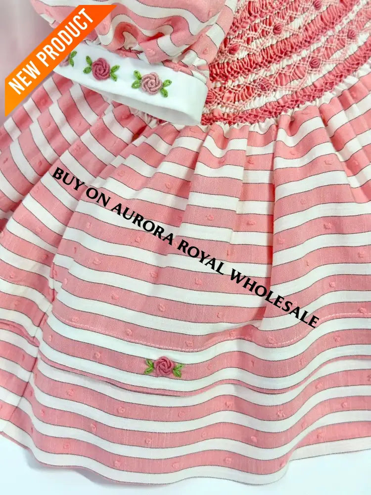 PRE ORDER&GET NEXT WEEK‼️NEW PACK OF 5 SIZES 🍁OLIVIA CORAL🪸STRIPES FRONT & BACK HAND SMOCKED🧵🪡 DRESS & HAIR BOWS🎀