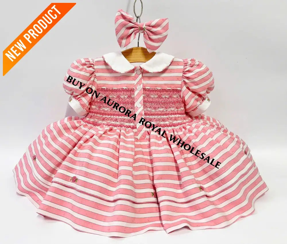 PRE ORDER&GET NEXT WEEK‼️NEW PACK OF 5 SIZES 🍁OLIVIA CORAL🪸STRIPES FRONT & BACK HAND SMOCKED🧵🪡 DRESS & HAIR BOWS🎀