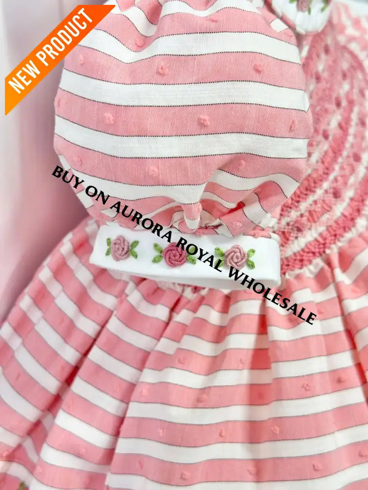 PRE ORDER&GET NEXT WEEK‼️NEW PACK OF 5 SIZES 🍁OLIVIA CORAL🪸STRIPES FRONT & BACK HAND SMOCKED🧵🪡 DRESS & HAIR BOWS🎀