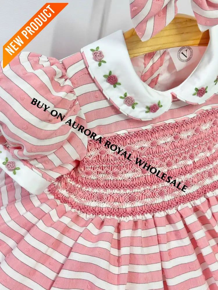PRE ORDER&GET NEXT WEEK‼️NEW PACK OF 5 SIZES 🍁OLIVIA CORAL🪸STRIPES FRONT & BACK HAND SMOCKED🧵🪡 DRESS & HAIR BOWS🎀