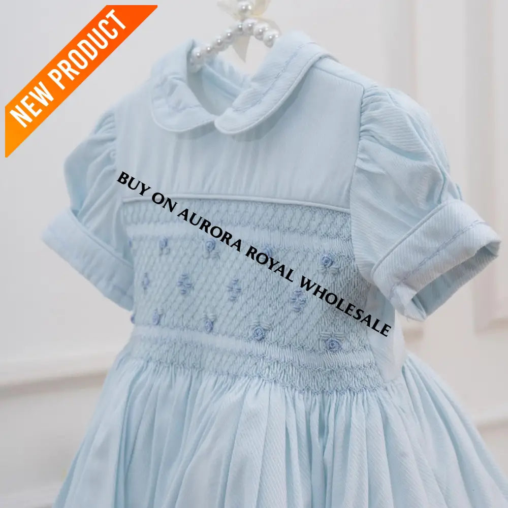 PRE ORDER‼️NEW🤩DOVE PASTEL BLUE FRONT & BACK GLITTERING HAND SMOCKED🧵🪡DRESS,PANTIES & BOWS🎀 BABY/TODDLER DRESS