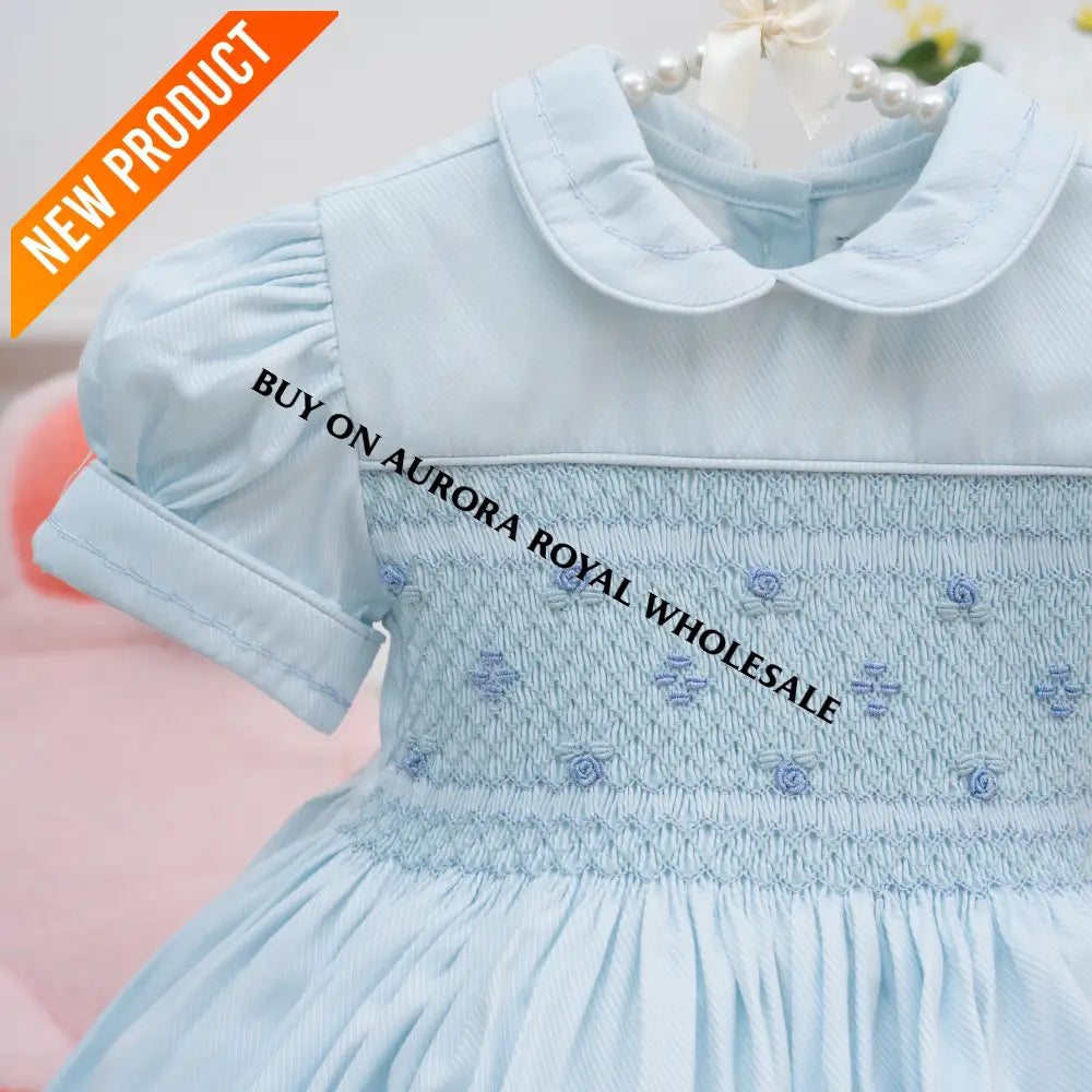 PRE ORDER‼️NEW🤩DOVE PASTEL BLUE FRONT & BACK GLITTERING HAND SMOCKED🧵🪡DRESS,PANTIES & BOWS🎀 BABY/TODDLER DRESS