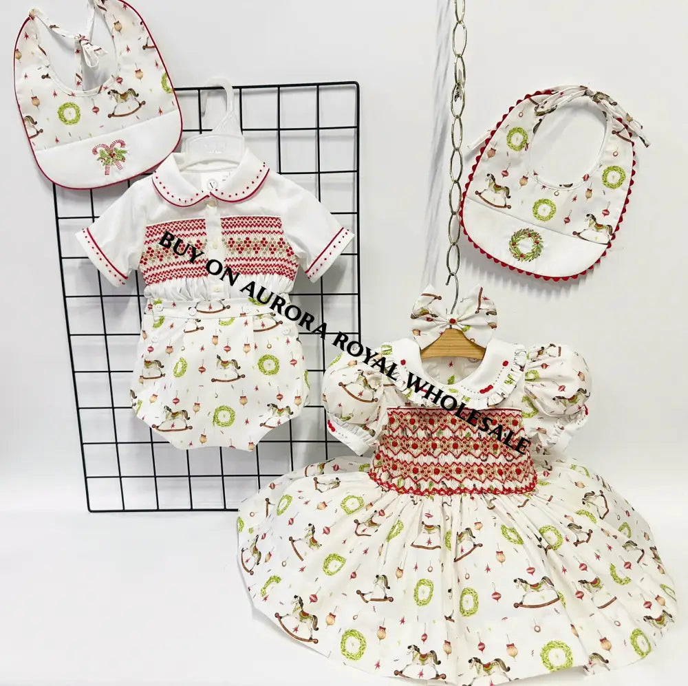 PRE-ORDER NOW & GET NEXT WEEK‼️NEW PACK OF 5 SIZES 🤩FESTIVE FUN🎄🤶BABY BOYS👑HAND-SMOCKED🧵🪡ROMPER/SUIT & BIB SET