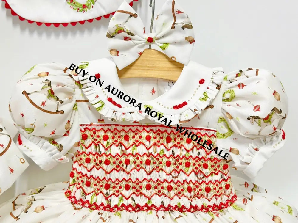 PRE-ORDER NOW & GET NEXT WEEK! PACK OF 5 SIZES FESTIVE FUN🎉🎄 HAND-SMOCKED🧵🪡DRESS,PANTIES,BIB & BOWS OR HEADBAND 🎀