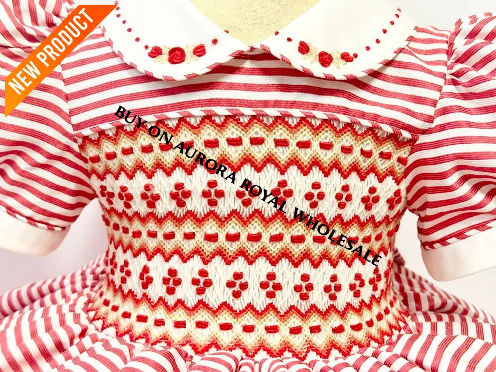 PRE ORDER‼️PACK OF 5 SIZES NEW🎄GLORIA RED STRIPED💥HAND SMOCKED🧵🪡DRESS & HAIR ACCESSORIES🎀 BABY/TODDLER DRESS