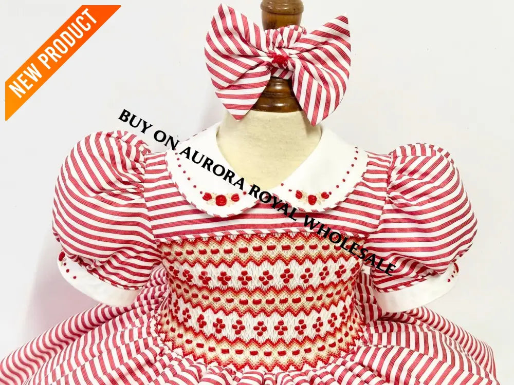 PRE ORDER‼️PACK OF 5 SIZES NEW🎄GLORIA RED STRIPED💥HAND SMOCKED🧵🪡DRESS & HAIR ACCESSORIES🎀 BABY/TODDLER DRESS