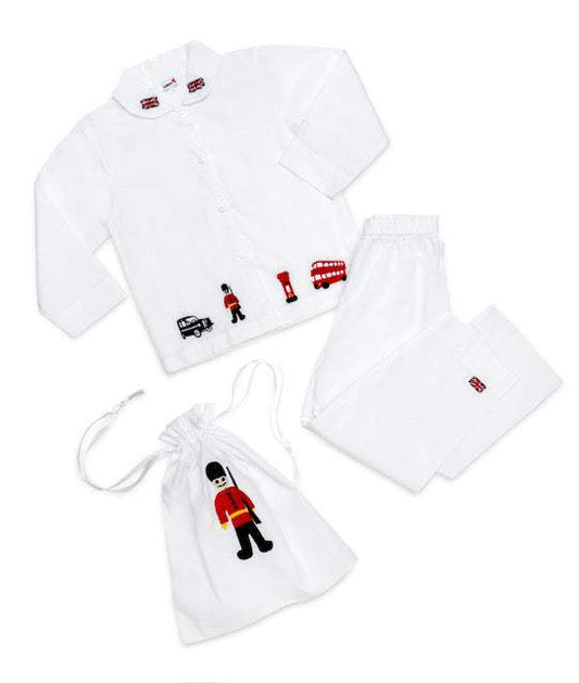 PACK OF 4 SIZES BOYS "LONDON" Cotton/Poplin Embroidered PJ & Gift bag