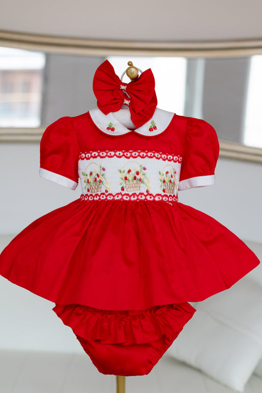 NEW🎄PACK OF 5 SIZES 🧑‍🎄ELIZABETH STRAWBERRY🍓BASKET HAND-SMOCKED🧵🪡👑DRESS & ACCESSORIES🎀