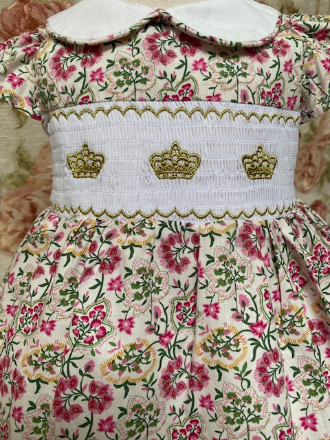 NEW PACK OF 6 SIZES "OCTAVIA" Smocked & Golden Crowns Embroidered Baby Dresses