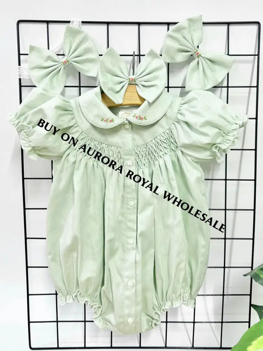 BABY GIRLS PACK OF 6 SIZES GRETA MINT🧚HAND-SMOCKED🧵🪡ROMPER & HAIR BOWS OR HEADBANDS🎀 Baby-Toddler Dresses