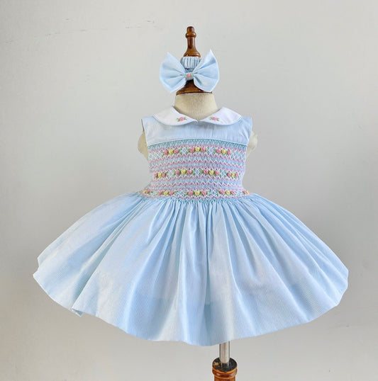 PRE-ORDER & GET NEXT WEEK‼️PACK OF 6 SIZES NEW🤩LIZZY PALE BLUE PINSTRIPE🦋HAND-SMOCKED🧵🪡DRESS, PANTIES & HAIR BOWS OR HEADBAND🎀