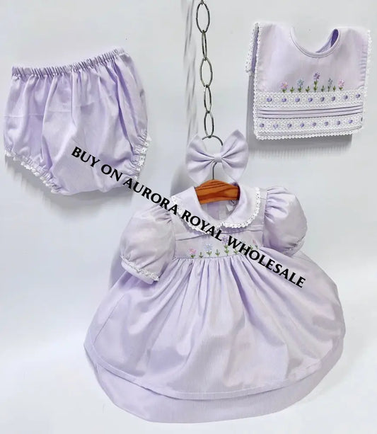NEW🥰BLOSSOM PALE LILAC💜HAND-EMBROIDERED🧵🪡👑DRESS,KNICKERS,BIB & HEADBAND OUTFIT🎀 BABY/TODDLER DRESS