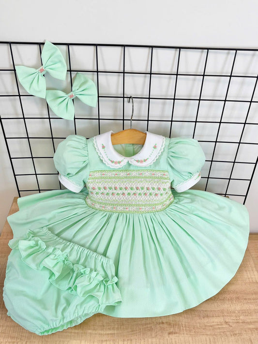 NEW‼️PACK OF 5 SIZES PALOMA PASTEL BLUE FRONT & BACK HAND-SMOCKED🧵🪡DRESS,PANTIES & BOWS🎀