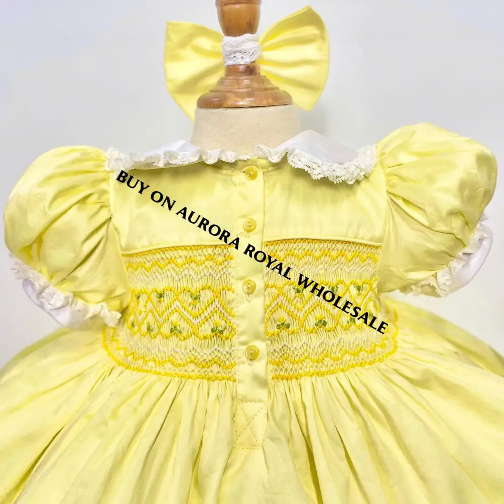 Delivery Next Week! Pack Of 5 Sizes Belle Lemon🐣🍋Front & Back Hand-Smocked 🧵🪡Dress