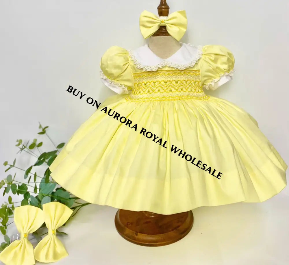 Delivery Next Week! Pack Of 5 Sizes Belle Lemon🐣🍋Front & Back Hand-Smocked 🧵🪡Dress