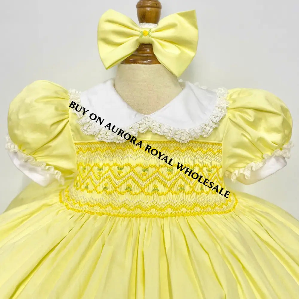 Delivery Next Week! Pack Of 5 Sizes Belle Lemon🐣🍋Front & Back Hand-Smocked 🧵🪡Dress