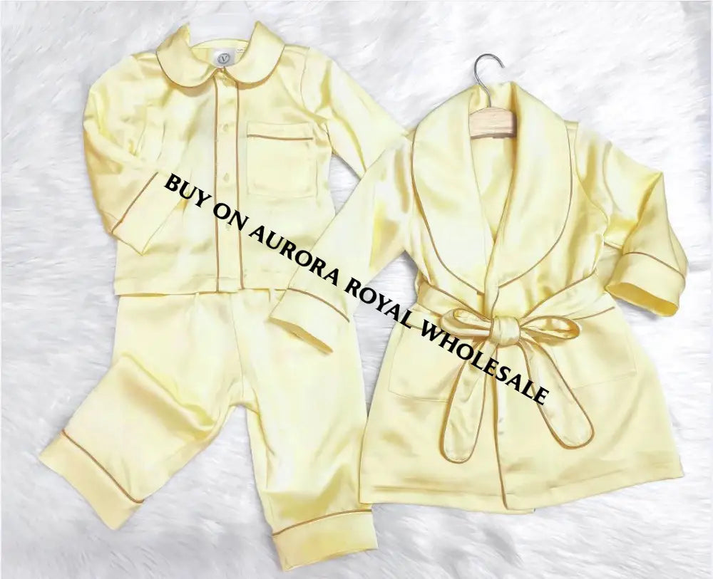 Delivery Next Week🤩🕊️Pack Of 5 Sizes Marlow Lemon Silk/Satin 🪽Dressing Gown & Pyjamas