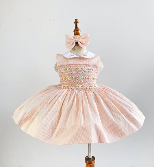 PRE-ORDER & GET NEXT WEEK‼️NEW PACK OF 6 SIZES 🤩LIZZY PEACH🍑PINSTRIPE HAND-SMOCKED🧵🪡DRESS, PANTIES & HAIR BOWS OR HEADBAND🎀