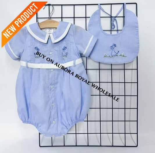 NEW🤩BAMBINO BLUE HAND EMBROIDERED🧵🪡BABY BOYS ROMPER & BIB🦒 BABY/TODDLER OUTFIT
