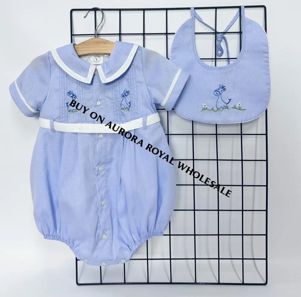 NEW🤩BAMBINO BLUE HAND EMBROIDERED🧵🪡BABY BOYS ROMPER & BIB🦒 BABY/TODDLER OUTFIT