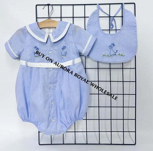 NEW🤩BAMBINO BLUE HAND EMBROIDERED🧵🪡BABY BOYS ROMPER & BIB🦒 BABY/TODDLER OUTFIT