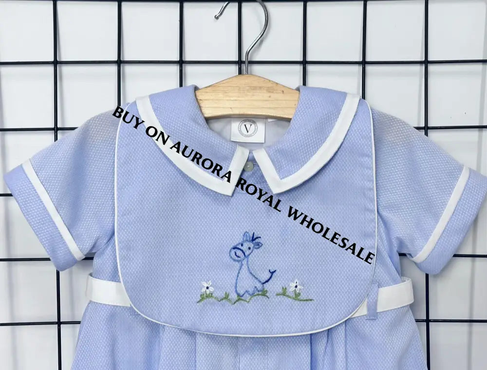 NEW🤩BAMBINO BLUE HAND EMBROIDERED🧵🪡BABY BOYS ROMPER & BIB🦒 BABY/TODDLER OUTFIT