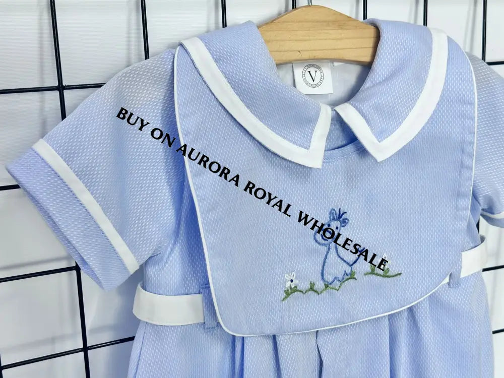 NEW🤩BAMBINO BLUE HAND EMBROIDERED🧵🪡BABY BOYS ROMPER & BIB🦒 BABY/TODDLER OUTFIT