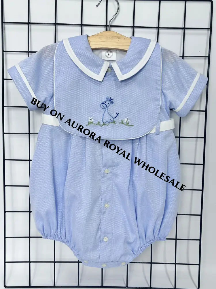 NEW🤩BAMBINO BLUE HAND EMBROIDERED🧵🪡BABY BOYS ROMPER & BIB🦒 BABY/TODDLER OUTFIT
