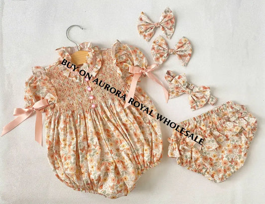 PRE-ORDER&GET NEXT WEEK! NEW☀️BELLE PEACH FLOWERS HAND-SMOCKED ROMPER & HAIR BOWS🎀 BABY/TODDLER OUTFIT