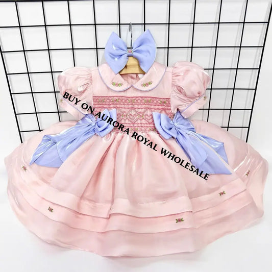 PRE-ORDER🧚BELLE PINK💞ORGANZA HAND-SMOCKED🧵🪡DRESS & HAIR BOWS OR HEADBAND🎀🎀 Baby-Toddler Dresses