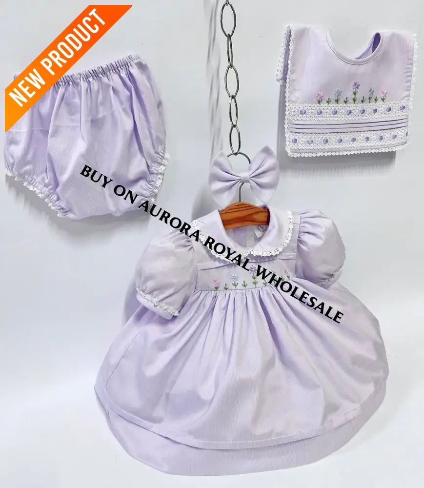 NEW🥰BLOSSOM PALE LILAC💜HAND-EMBROIDERED🧵🪡👑DRESS,KNICKERS,BIB & HEADBAND OUTFIT🎀 BABY/TODDLER DRESS