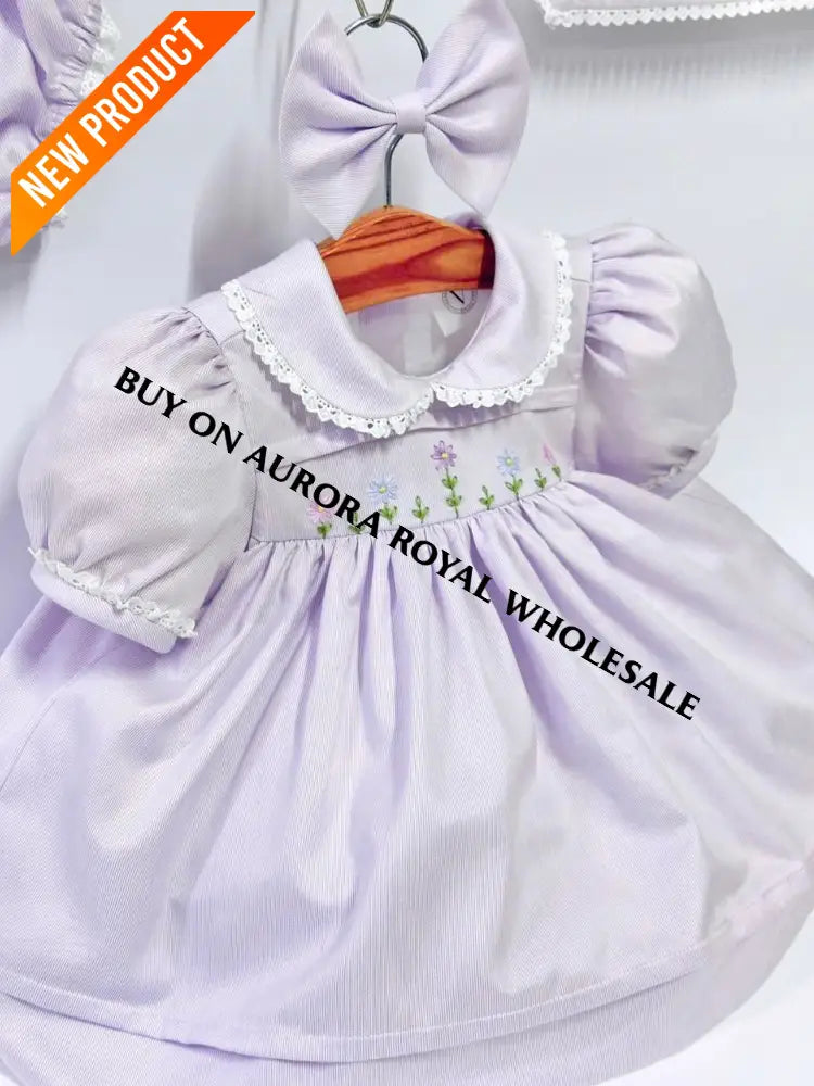 NEW🥰BLOSSOM PALE LILAC💜HAND-EMBROIDERED🧵🪡👑DRESS,KNICKERS,BIB & HEADBAND OUTFIT🎀 BABY/TODDLER DRESS