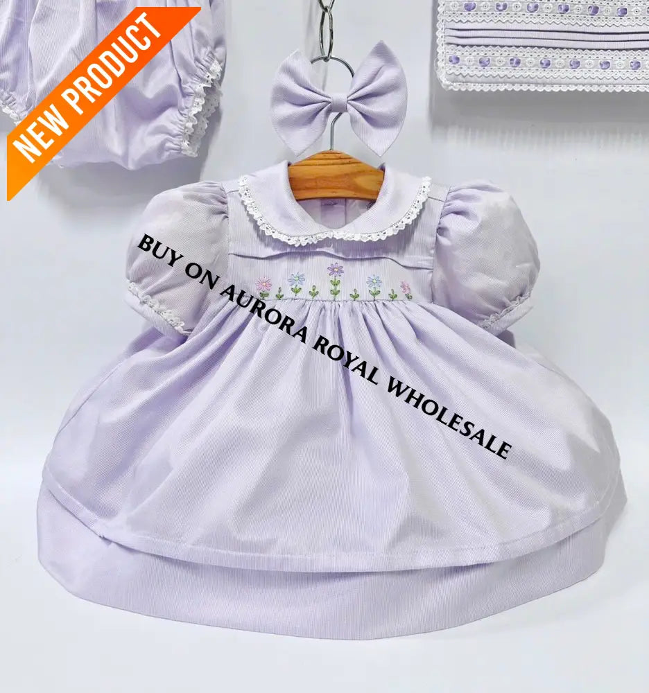 NEW🥰BLOSSOM PALE LILAC💜HAND-EMBROIDERED🧵🪡👑DRESS,KNICKERS,BIB & HEADBAND OUTFIT🎀 BABY/TODDLER DRESS