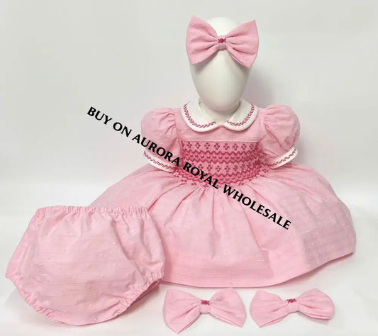 NEW🌷IRINA PINK💞PACK OF 6 SIZES HAND-SMOCKED🧵🪡DRESS PANTIES & HAIR BOWS OR HEADBAND 🎀🎀 Baby-Toddler Dresses