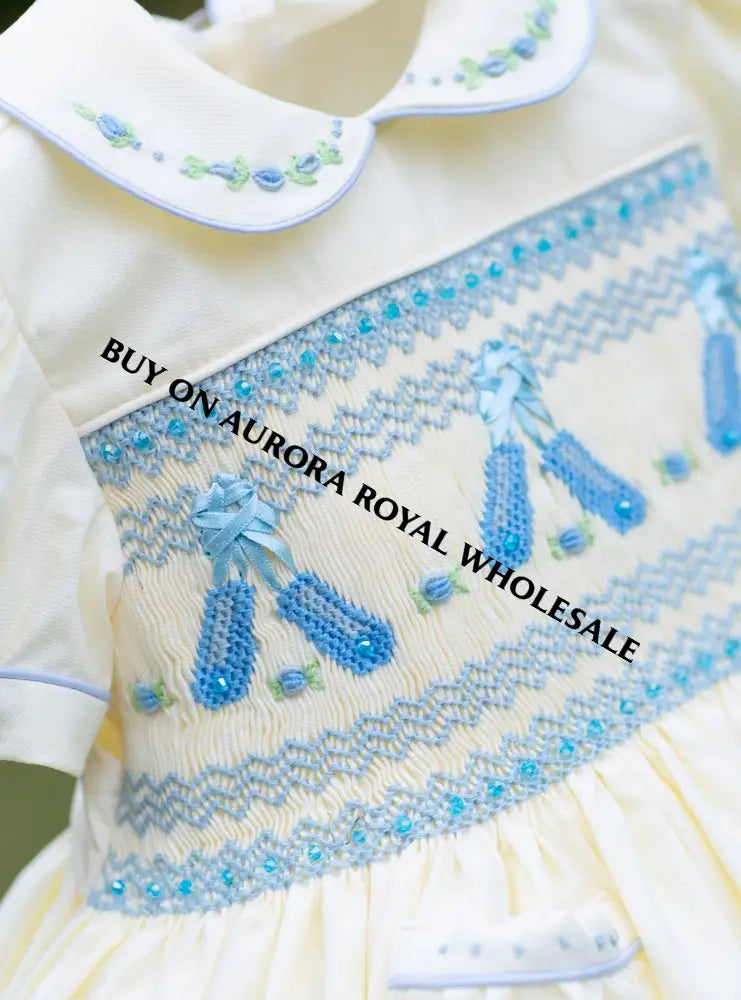 NEW😍LINA BALLERINA🩰PACK OF 5 SIZES CREAM & BLUE🩵HAND-SMOCKED🧵🪡DRESS & ACCESSORIES🎀 - DRESS